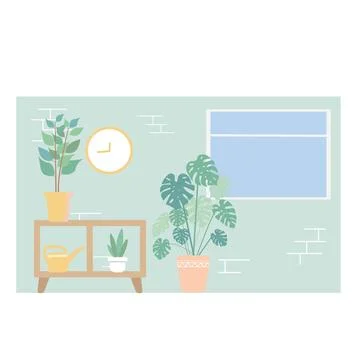 House plants on table in modern interior with furniture and natural light イラスト素材