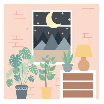 House plants on table in modern interior with furniture and natural light Stock Illustration