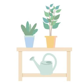 House plants on table in modern interior with furniture and natural light Stock Illustration
