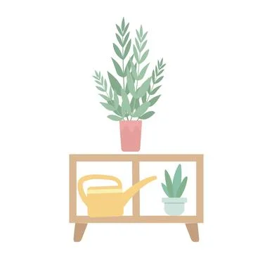 House plants on table in modern interior with furniture and natural light Stock Illustration