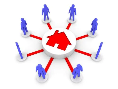 House problem connects people. Hostel. Concept 3D illustration. Stock Illustration