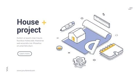 House Project Architecture And Engineering Isometric Banner Vector Illustrati 스톡 일러스트