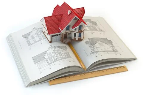 House project. Book with drafts of house and 3d model of house. Constructio.. Stock-Illustration