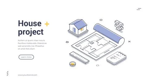 House project isometric web banner. Architecture plan and construction design Stock Illustration