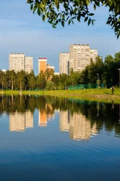 House reflected in the lake at sunset light in Zelenograd district of Moscow, Ru Stock Photos