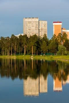 House reflected in the lake at sunset light in Zelenograd district of Moscow, Ru Stock Photos