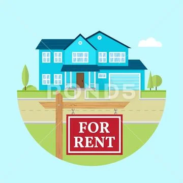House for rent. Vector flat suburban american house. For web design and Stock Illustration