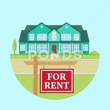 House for rent. Vector flat suburban american house. For web design and Stock Illustration