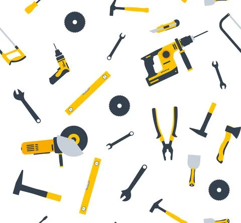 House repair tool seamless pattern logo. Woodwork house repair saw home Stock Illustration