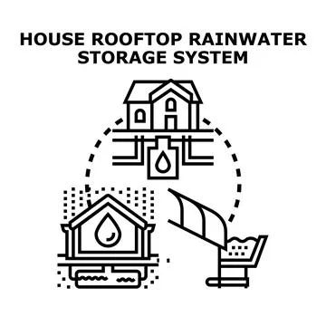 House rooftop rainwater storage system collecting water Ilustración de archivo
