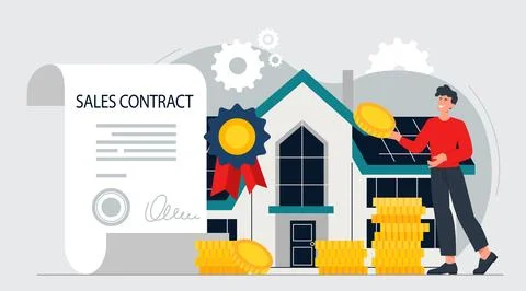 House sale contract with coins stack. Vector illustration Stockillustratie