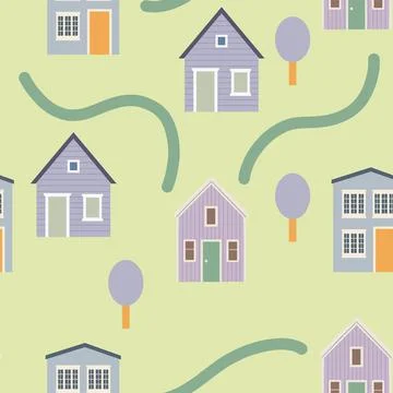 House seamless pattern with road and vector Stock Illustration