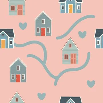 House seamless pattern with road and vector Stock Illustration
