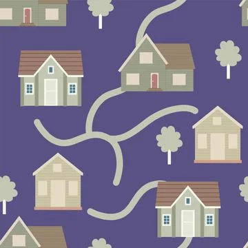 House seamless pattern with road and vector Stock Illustration