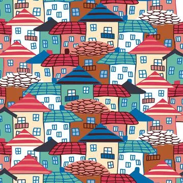 House seamless pattern, standing tight. Naive childish style. City, roof. Illustrazione stock