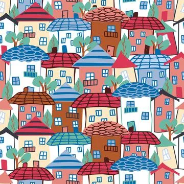House seamless pattern, standing tight. Naive childish style. City, roof. Illustrazione stock