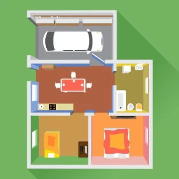 A house in section with a car in garage, a bathroom. Stock Illustration