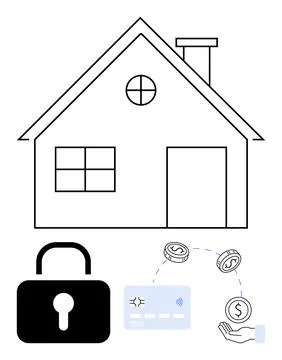 House with Security Elements Lock, Credit Card, Coins, and Hand Holding a D.. Stock Illustration
