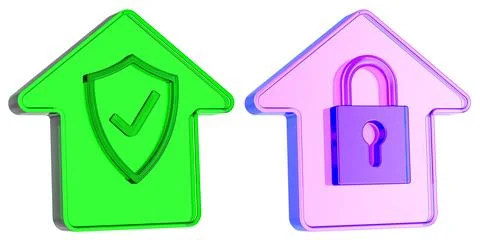 House security icons with shield checkmark and padlock. 3D rendering Stock Illustration