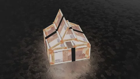 House shape made from Indian 200 rupee notes wrapped in black tape, concept.. Video stock 318899734
