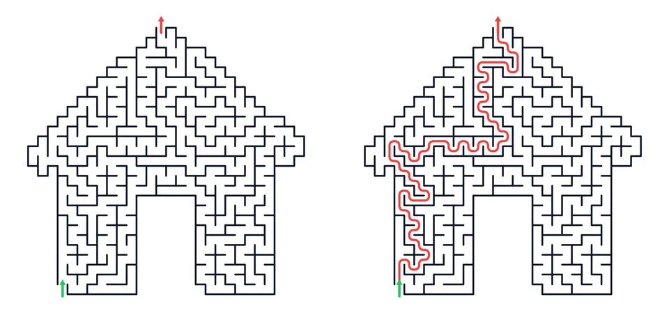 House shaped maze with solution path. Printable activity worksheet for childr Stockillustratie