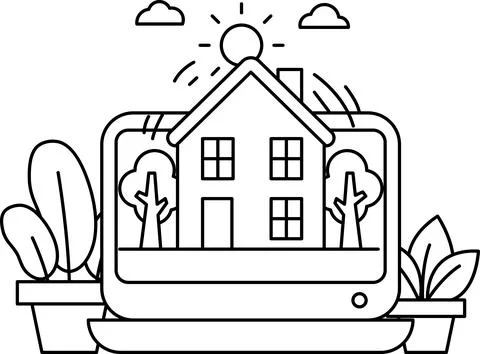 A house is shown on a computer screen with trees and bushes in the background Stockillustratie