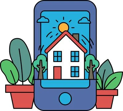 A house is shown on a phone screen with a bright sun shining on it Stock Illustration