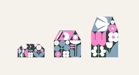 House silhouettes set filled with abstract floral pattern grey pink 스톡 일러스트