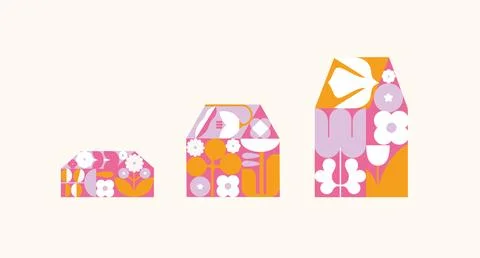 House silhouettes set filled with abstract floral pattern orange pink Stock-Illustration