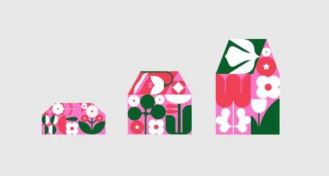 House silhouettes set filled with abstract floral pattern green pink Illustrazione stock