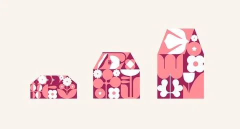 House silhouettes set filled with abstract floral pattern red pink Stock Illustration