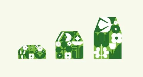 House silhouettes set filled with abstract floral pattern white green Illustrazione stock