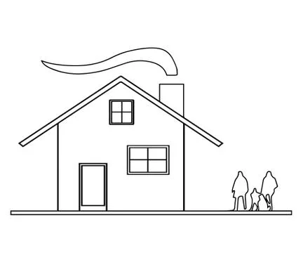 House sketch vector with smoke from chimney and the family Stock Illustration