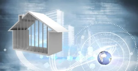 House with sky interface glowing and world globe Illustrazione stock