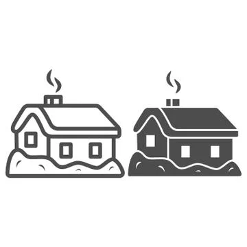House in snow line and solid icon, World snow day concept, Small winter cottage Illustrazione stock