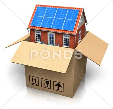 House with solar batteries in cardboard box Stock Illustration