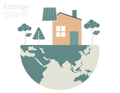 House with solar panel and tree on globe, Green city life ecology concept. .. Stock Illustration