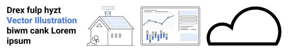 House with solar panels, data analytics dashboard, and cloud icon. Ideal for  Illustrazione stock