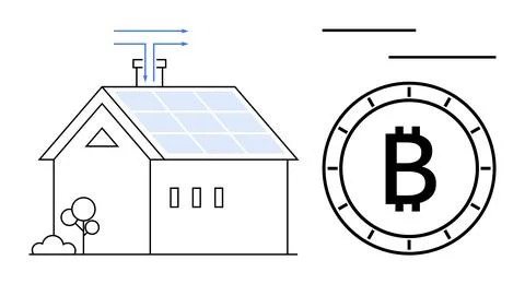 House with Solar Panels Generating Bitcoin Cryptocurrency through Technology Stock Illustration