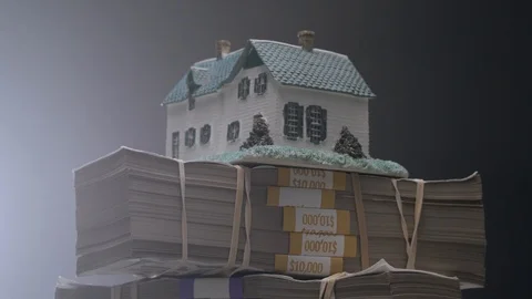 House on a Stack of Money Rotating Black Background Stock Footage 91752841