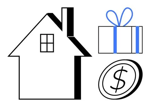 House structure, gift box with ribbon, and dollar coin emphasizing real est.. Stock Illustration