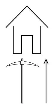 House Structure with Pickaxe and Arrow Symbolizing Growth and Construction Stock Illustration