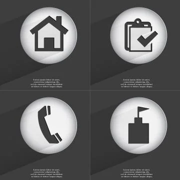 House, Task completed, Receiver, Flag tower icon sign. Set of buttons with a fla Stock Illustration