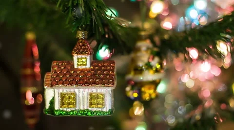 House toy on the New Year Tree with Santa on bg Stock Footage 46025341