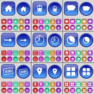 House, Train, Cloud, Arrow right, Diagram, Moon, Bar code, Checkpoint, Apps. A l Stock Illustration