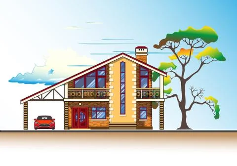 House, tree and clouds vector graphics Stock Illustration