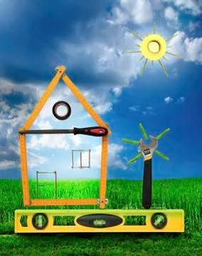 House with tree and sun made of tools for building.white isolated Ilustración de archivo