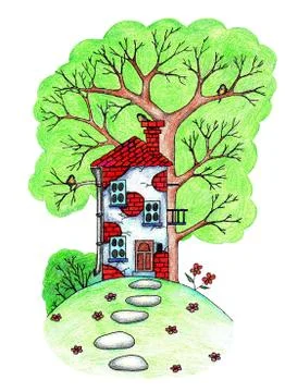 House by the tree, colored pencil Stock Illustration