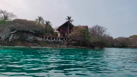 A house, trees and palm trees on a paradisiac island with clear and Vídeo Stock 149289517