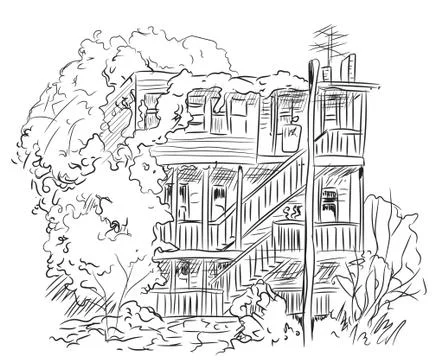 House with trees lines, vector Stock Illustration